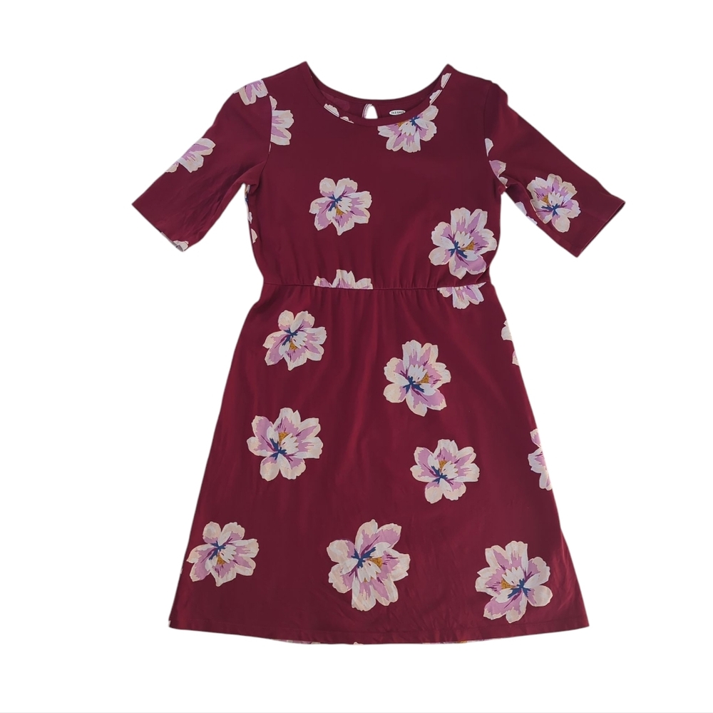 Old Navy Floral Pullover Keyhole Dress Girls XL (14) Maroon Pink